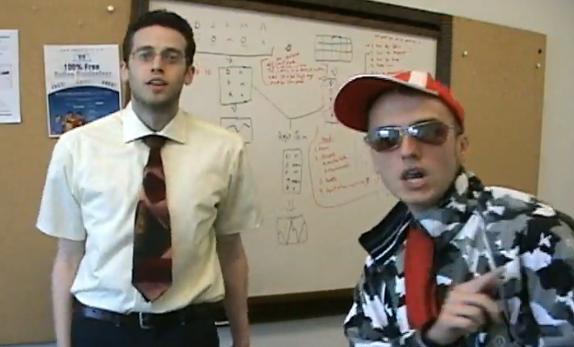 Jake Stein at left and Robert Moore at right of business dashboard firm RJ Metrics performing in their “Business Intelligence” rap video.