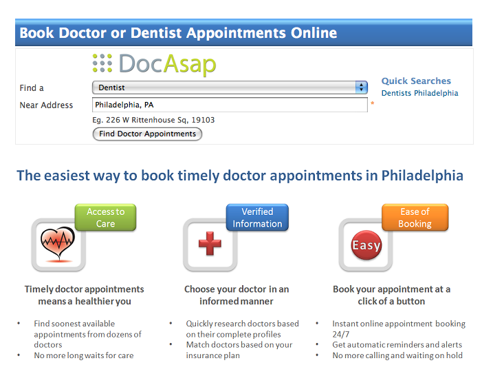 A screenshot of DocAsap's homepage