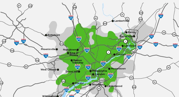 A map illustrating Clear's WiMAX network coverage in Philadelphia.