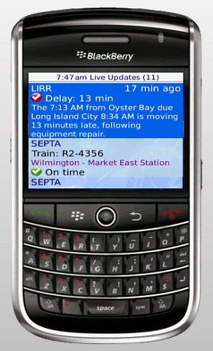 The RailBandit transit scheduling application appears in a mock-up on a BlackBerry phone.