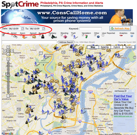 SpotCrime.com screenshot showing its database goes back several years, older than many other services online.