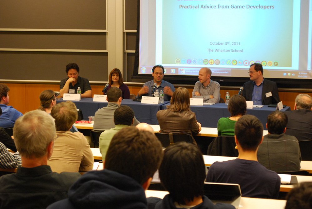 Frank Lee (Drexel Game Program), Margaret Wallace (Playmatics), Ethan Mollick (Wharton Management Department), Jesper Juul (NYU) and Eric Goldberg (Crossover Technologies) made up the discussion panel at the first Gamification event at UPenn’s Wharton School on October 3. The panel talked about the issue of gamification and what it means for the future of businesses. 