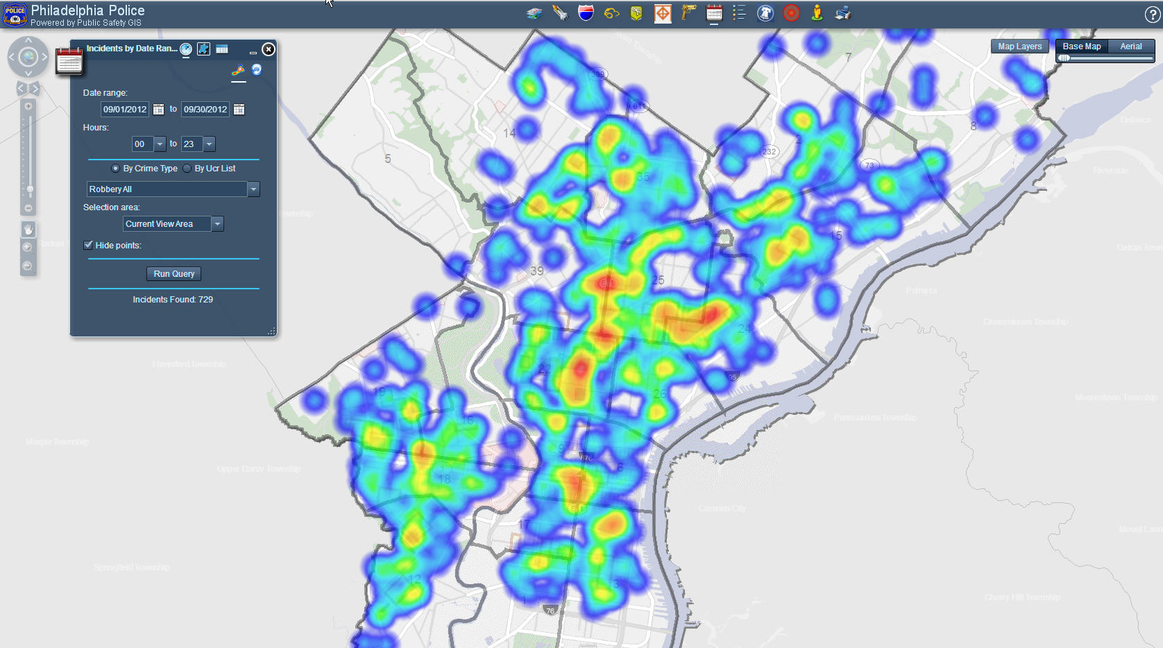 A screenshot of the heat map feature on the Police Department’s updated GIS system, developed by Grant Ervin and his team.