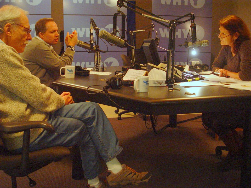Chair of the Department of Criminal Justice at Temple University Jerry Ratcliffe (background) and civil rights attorney David Rudovsky speak with host Marty Moss-Coane. Photo credit: Radio Times.