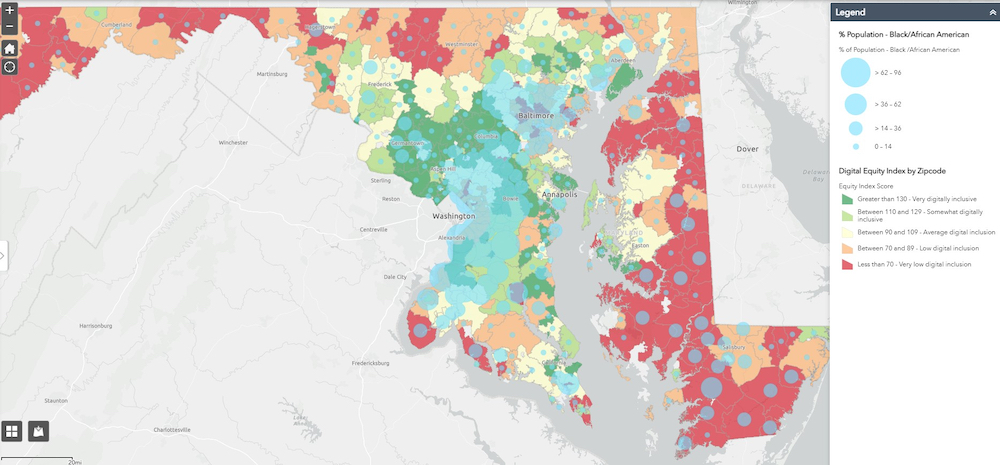 Digital equity in Maryland and the percentage of  African American households.