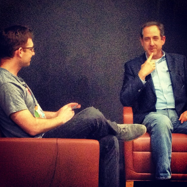 Mentor Chats organizer and DuckDuckGo founder Gabe Weinberg, at left, interviewing Real Food Works COO Mike Krupit earlier this month.