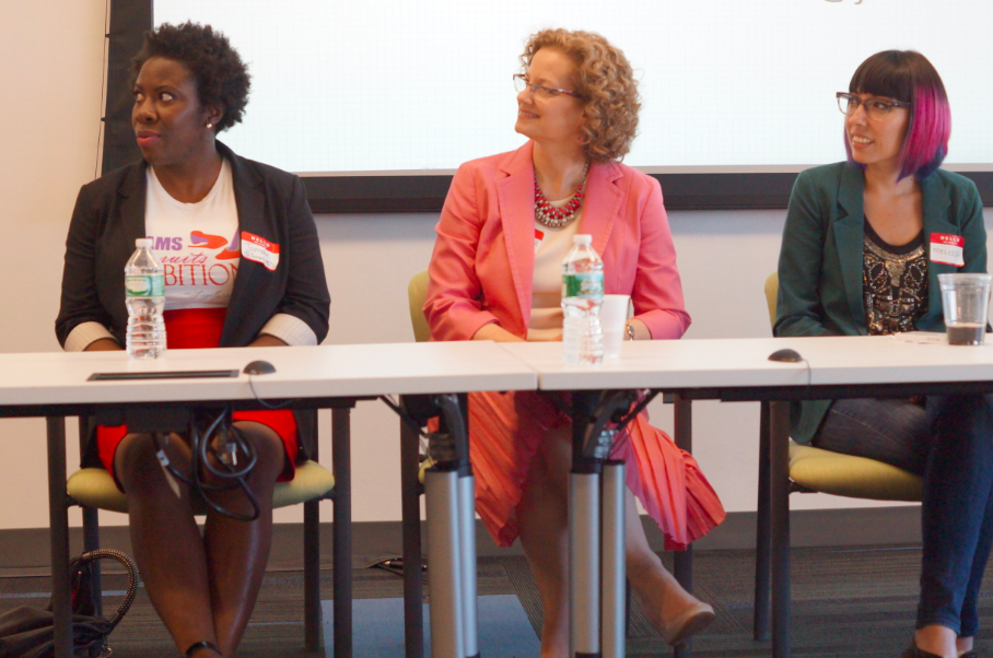 Speakers at the “Stories of Women in Tech” event (left to right): Jumoke Dada, founder of Signature RED, Sue Grinius-Hill, former COO of Apprennet and Melissa Morris Ivone, designer at Curalate. Photo by Lisa Yoder.