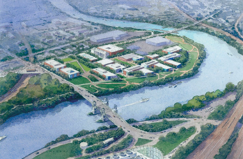 Osage University Partners invests in university startups. This is an aerial rendering of Penn’s South Bank campus.