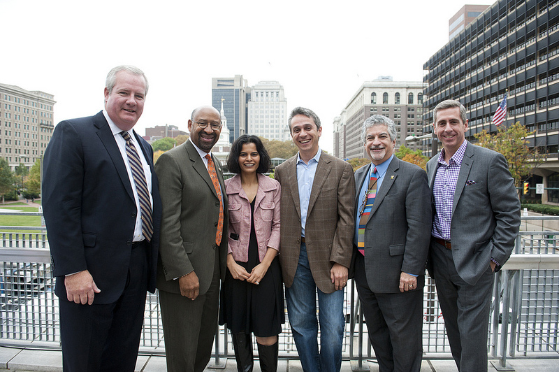 Left to right is John Grady, with Mayor Michael Nutter, Cloudamize CEO Khushboo Shah, First Round Capital Partner Josh Kopelman, Deputy Mayor for Economic Development Alan Greenberger and Artisan Mobile CEO Bob Moul.