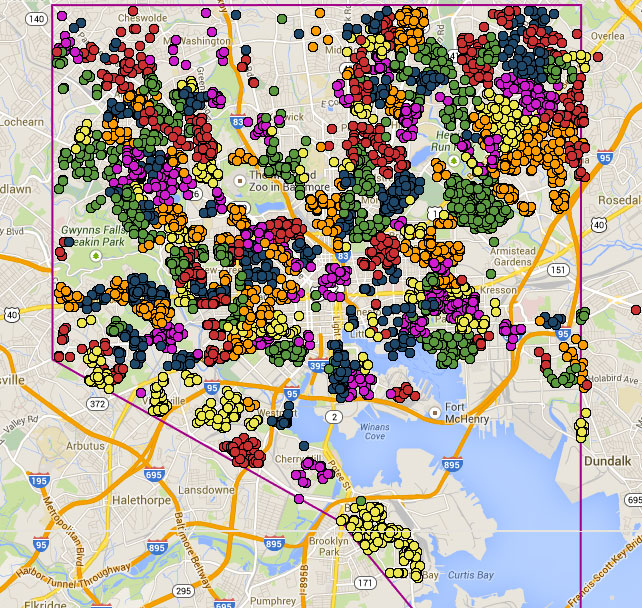 A BNIA map of foreclosure filings submitted in 2013 in Baltimore City.