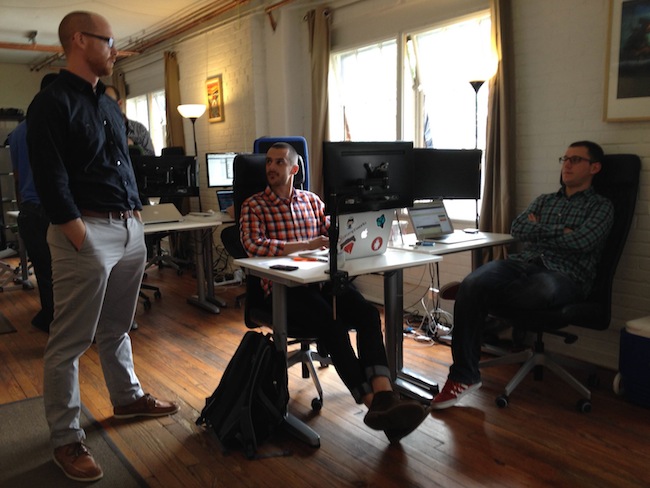PromptWorks cofounder Greg Sterndale (far left), and team members Dave Mox and Justin Campbell in their Rittenhouse Square office.
