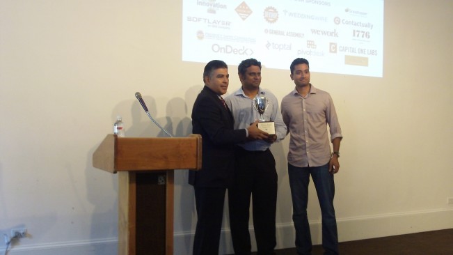 Congressman Tony Cardenas (left) presents a Techie award to RightHire CEO Sunil Kosuri, flanked on his left by cofounder Sarat Kosuri.