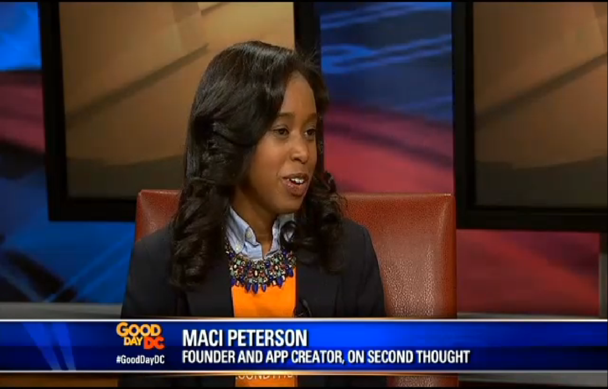 Maci Peterson, the founder of the On Second Thought app, on FOX 5’s Good Day DC.