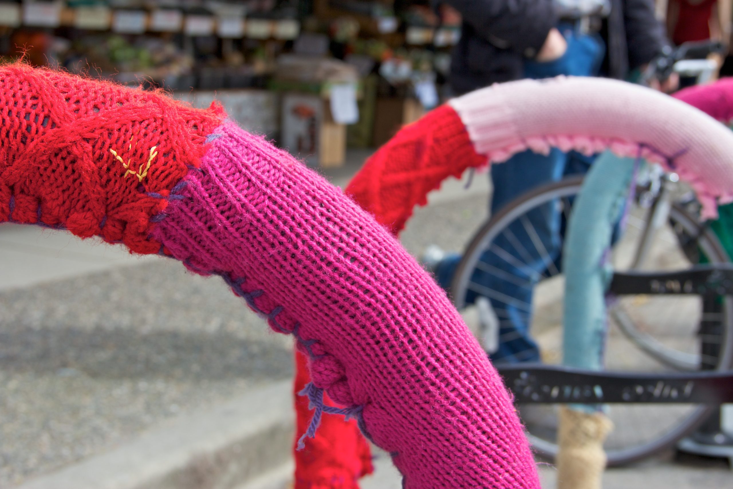 Yarn bombing bike racks in Vancouver.