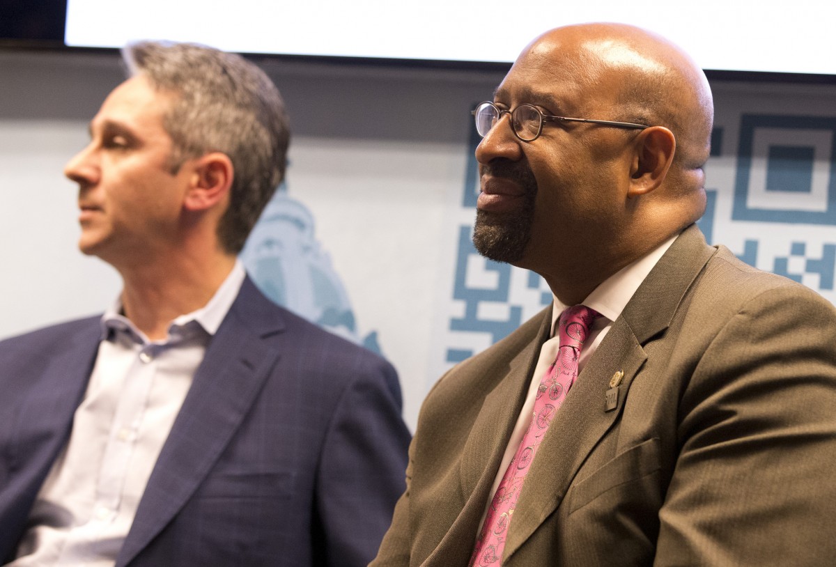 Josh Kopelman (left) and Mayor Michael Nutter at the November 2014 Start. Stay. Grow. event where they announced a new round of StartUp PHL investments.