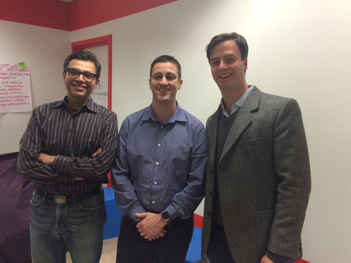Safwan Zaheer (left), Bob Savino and Steven Aller at the first meeting of Fintech Cafe.