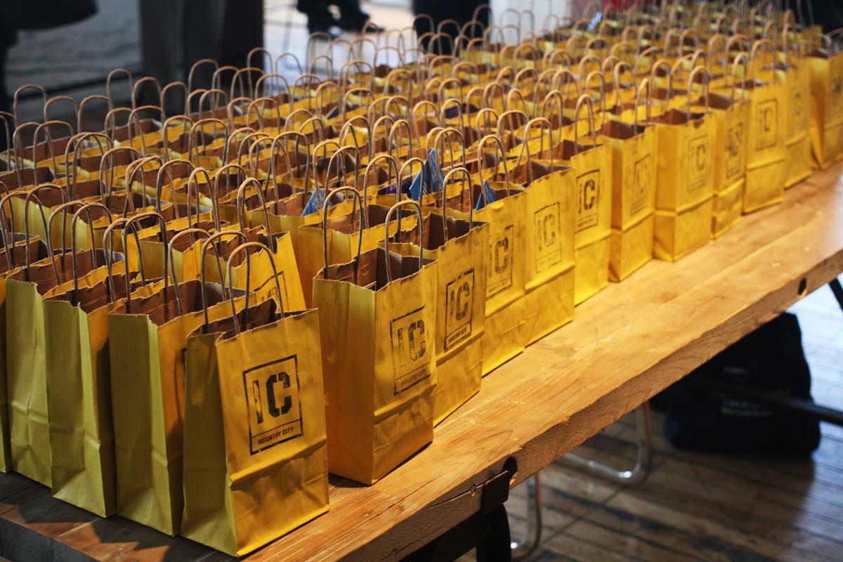 Gift bags for guests of the Industry City event featured products currently made at the complex.
