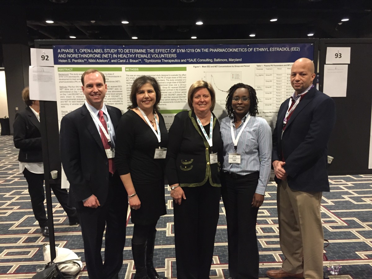 The Symbiomix team, left to right: Robert Jacks, president; Helen Pentikis, chief scientific officer; Carol Braun, chief medical officer; Nikki Adetoto, VP of clinical operations and project management; Joe Amprey, chief business officer.