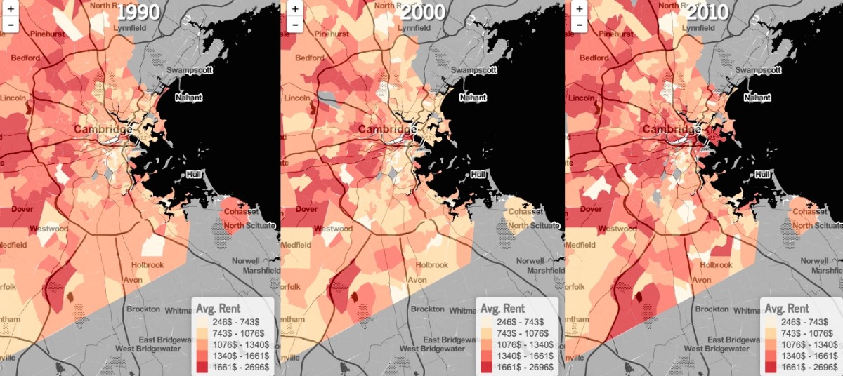 The Ungentry project tracks gentrification in Boston by comparing average rents over time.
