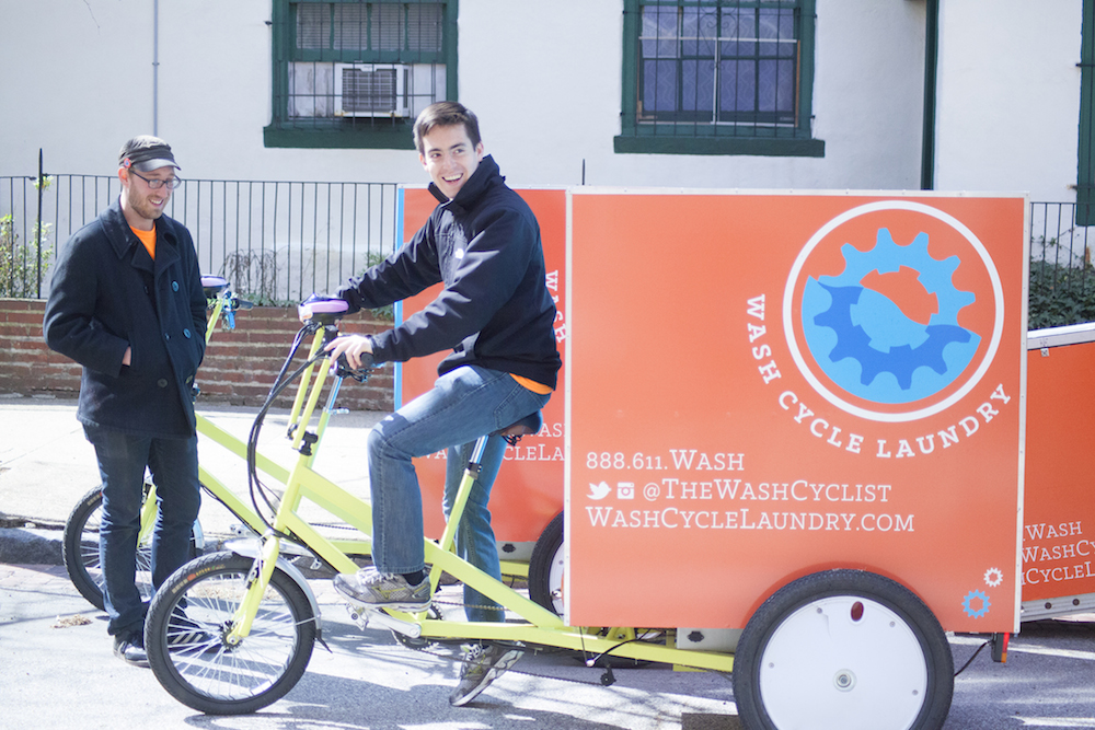 Wash Cycle Laundry founder Gabriel Mandujano tests the company’s delivery tricycles, which had to be tweaked to handle D.C.’s hills.