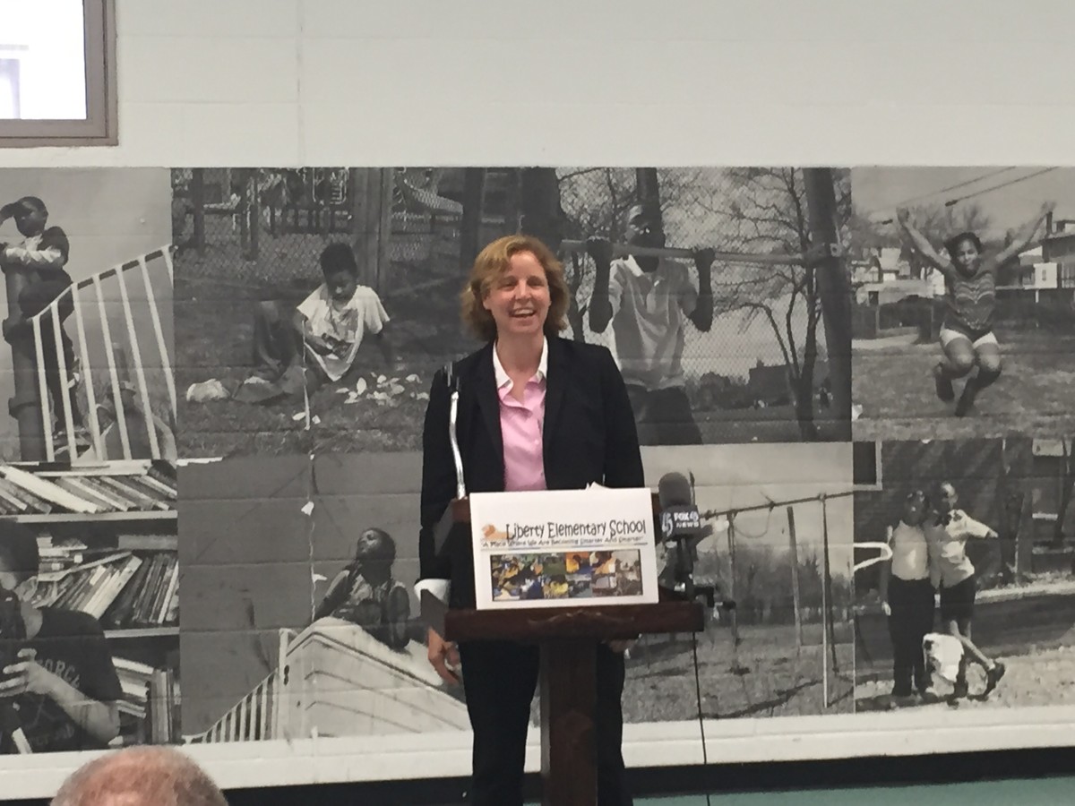Former U.S. CTO Megan Smith speaks at Liberty Elementary. She’s helping to lead the Tech Jobs Tour.