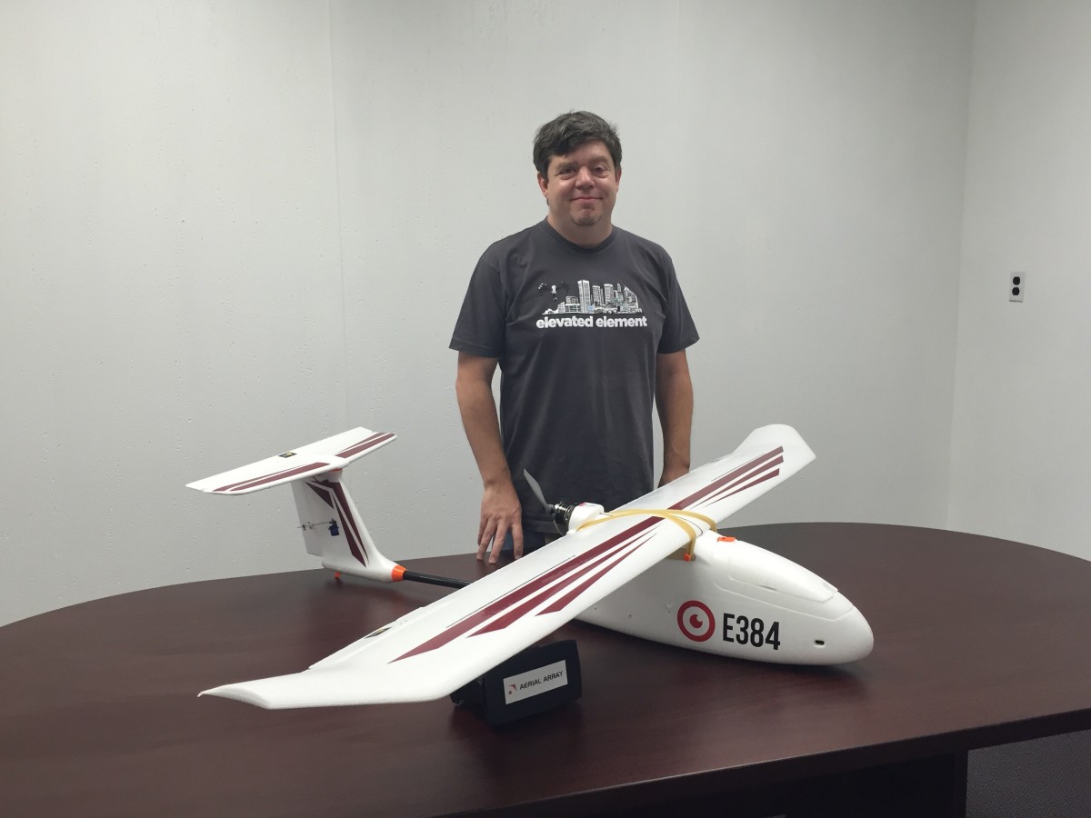 Terry Kilby with a plane-shaped drone.
