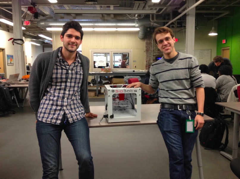 BioBots cofounders Danny Cabrera (left) and Ricardo Solorzano and their bioprinter at NextFab, the company’s former HQ.