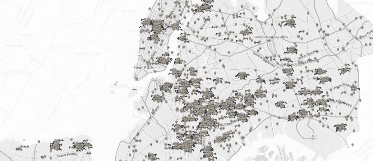 Death Map NYC by Zach Schwartz shows the site of each homicide and motor vehicle death in the last two years.