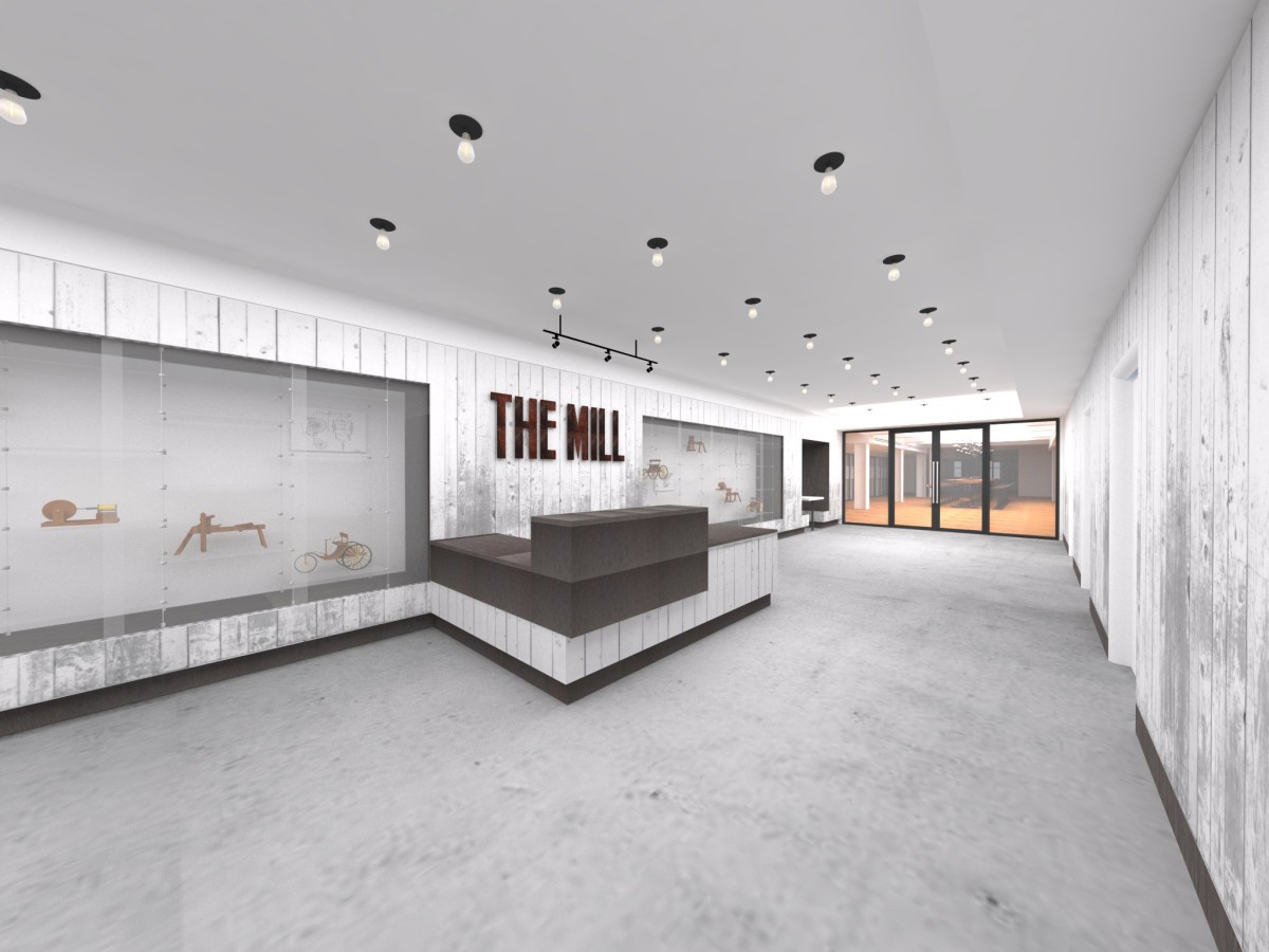 A rendering of the lobby at The Mill, complete with patent models from the Hagley Museum in the displays. 