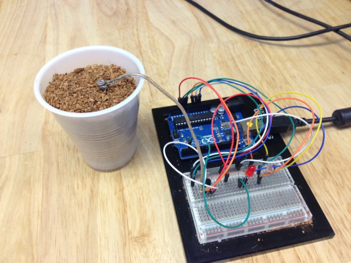 A student-programmed Arduino microcontroller for sensing soil humidity.