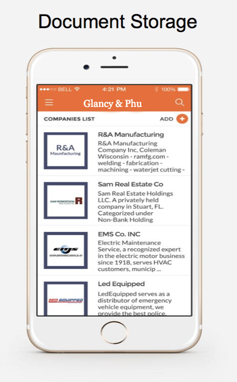 A screenshot of what the Counsl app would look like for a firm named Glancy & Phu.
