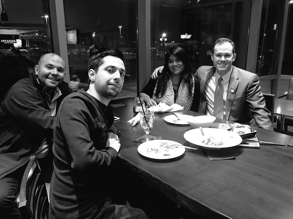 Soon after arriving in Wilmington, JC Glancy and Rafael Lopez get a bite to eat at the Westin's River Rock Kitchen with Mona Parikh and John Williams of incnow.com.
