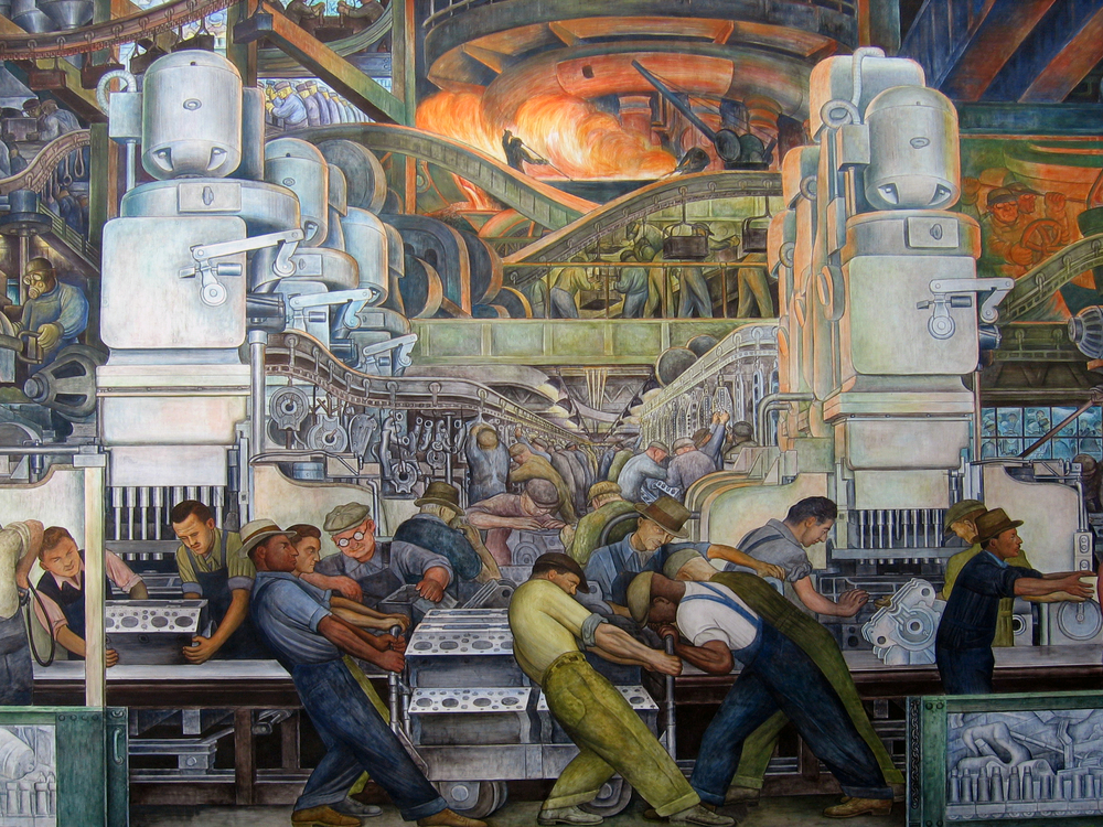 A Diego Rivera mural of an automotive assembly line at the Detroit Institute of Arts.
