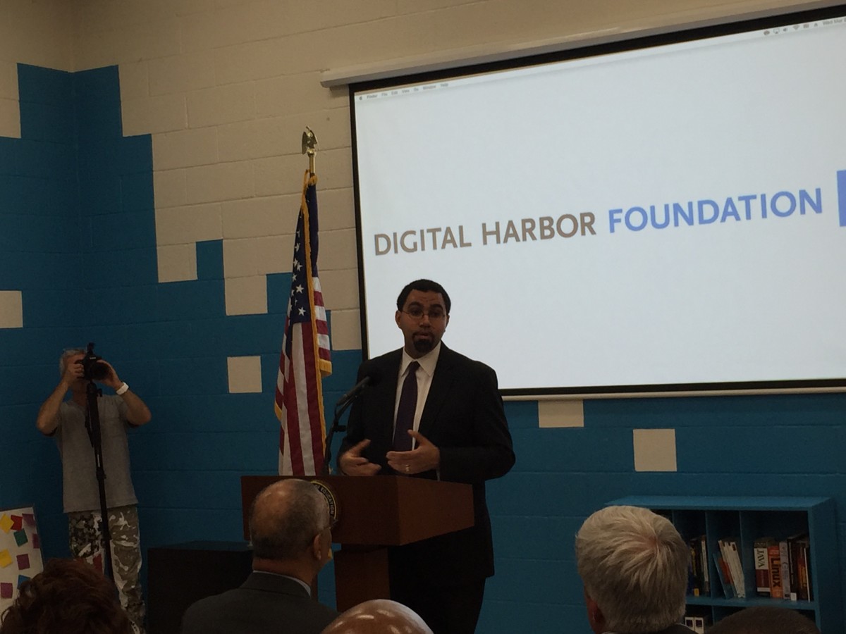 U.S. Secretary of Education John King Jr. speaks at the Digital Harbor Foundation.