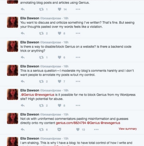 Ella Dawson took to Twitter to talk about reactions to her article.