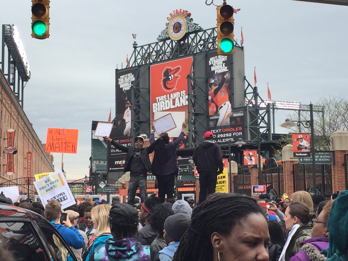 Protests outside Camden Yards, April 25, 2015.