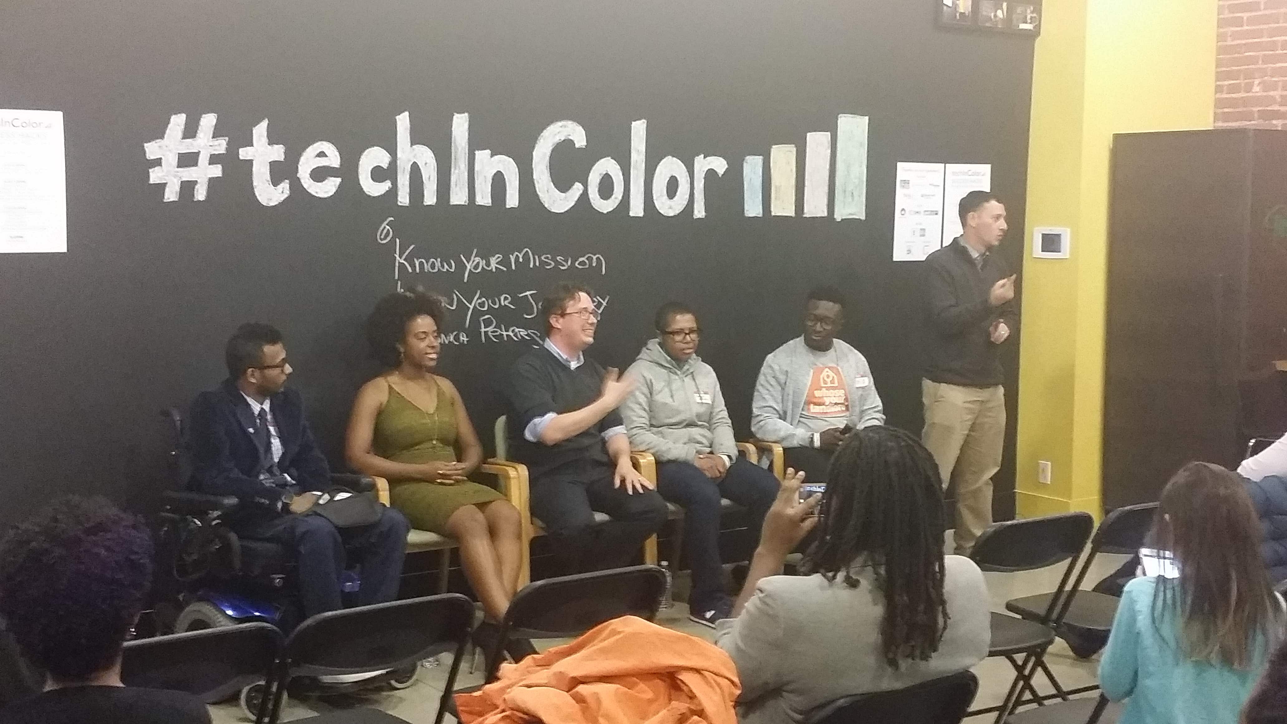 Ather Sharif (left), Tiffanie Standard, Dan Rhoton, Courtney Wilburn and Felix Addison were part of a panel of technologists talking about their stories in the tech industry.