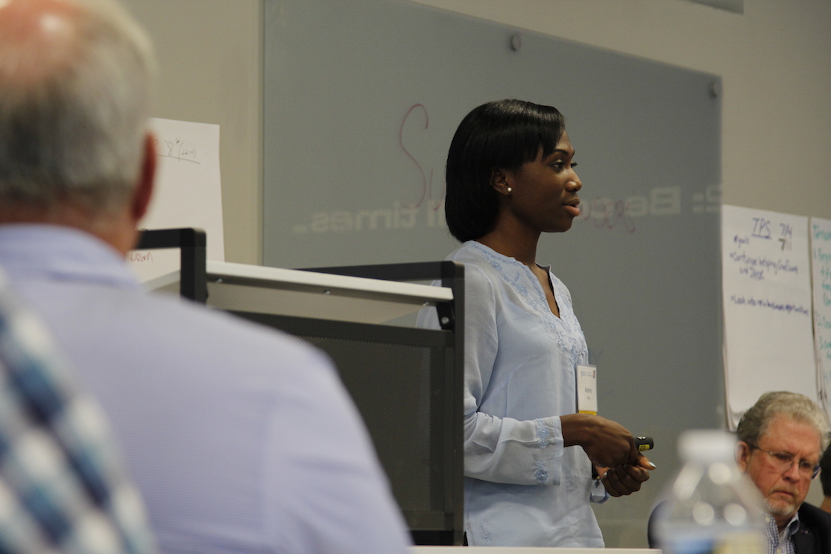 Vibrating Therapeutic Apparel founder Amira Idris presents her venture at the Summer Founders Program demo day.