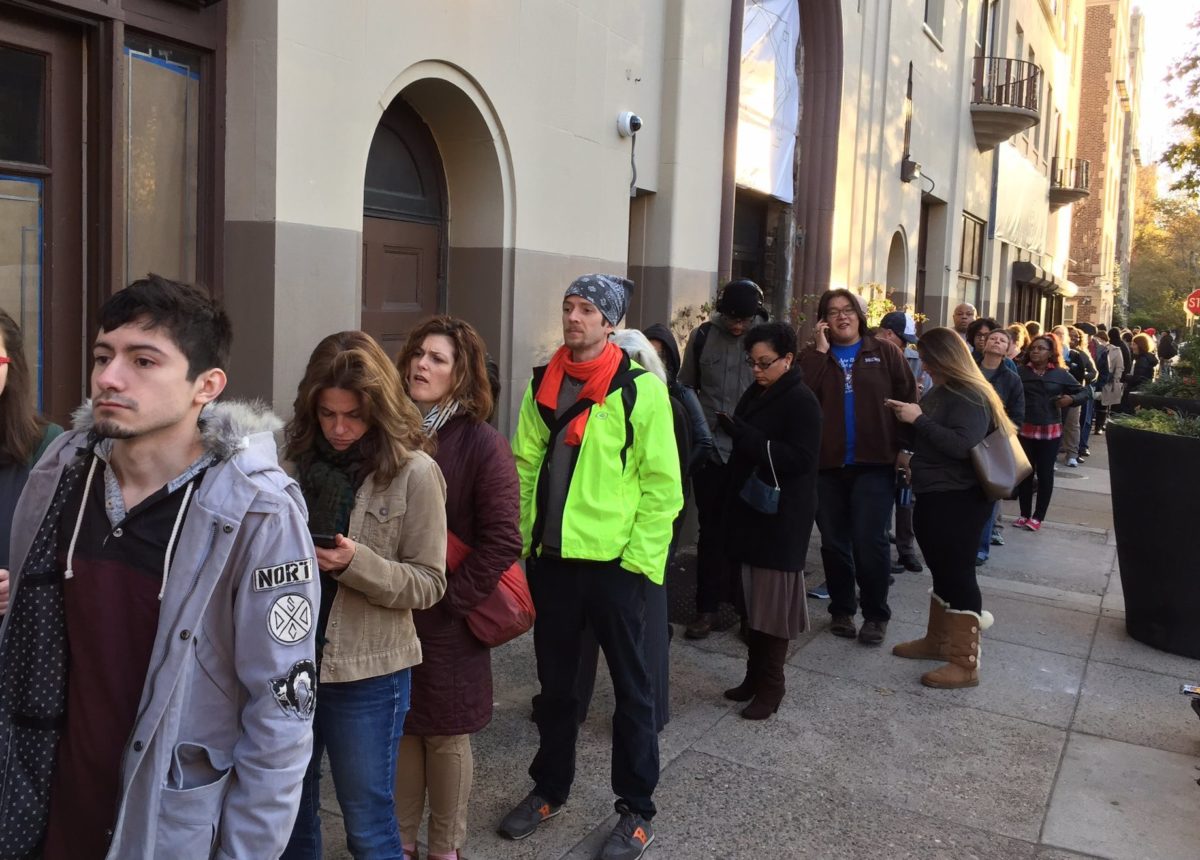 Voters line up outside a West Philadelphia polling place, Nov. 8, 2016.