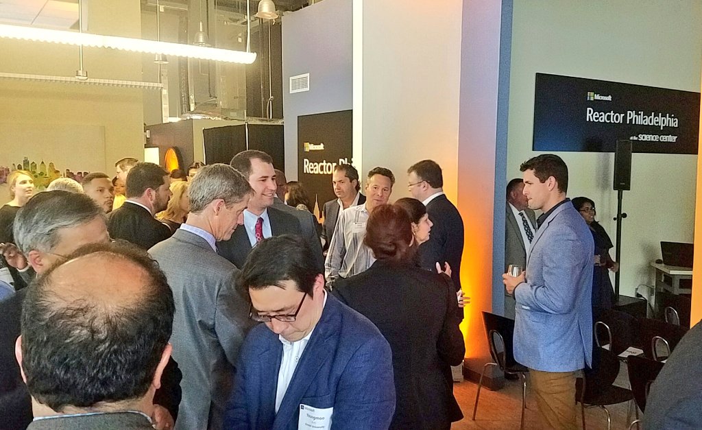 Attendees mingle at the launch of Microsoft Reactor Philadelphia, Nov. 3, 2016.