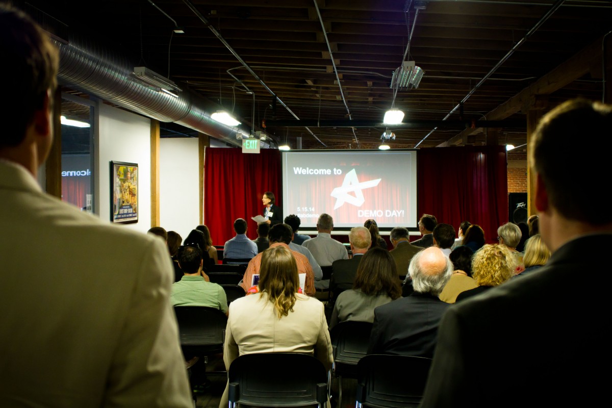 A 2014 AccelerateBaltimore demo day at the ETC’s Highlandtown incubator.