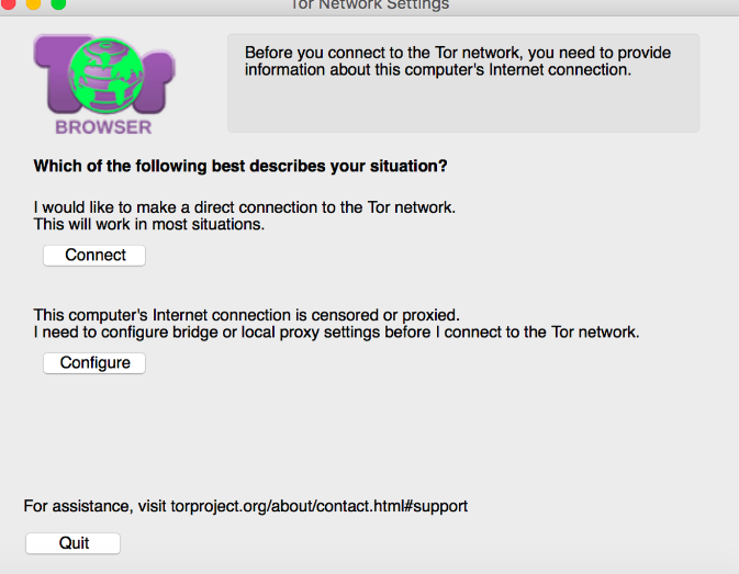 "Before you connect to Tor, you need to provide info about this computer's connection"