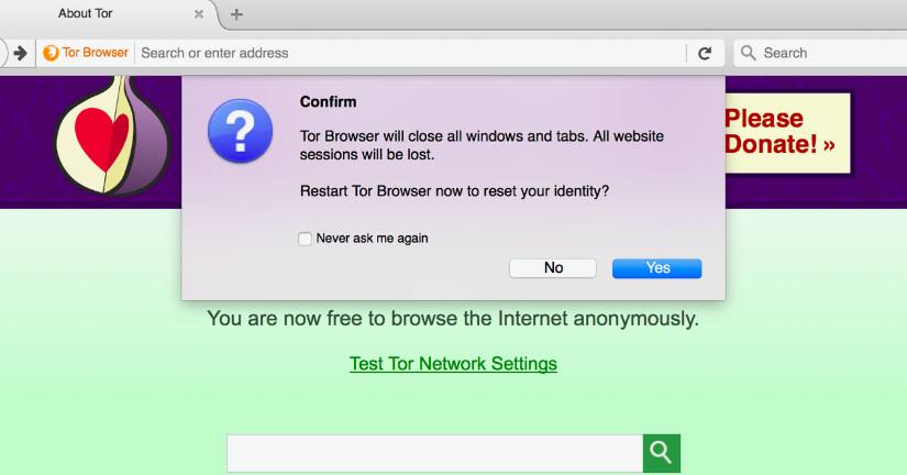 "Restart Tor Browser now to reset your identity?"