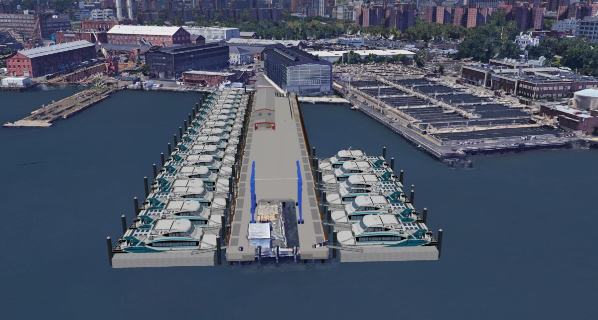 A rendering of the ferry terminal at the Brooklyn Navy Yard.
