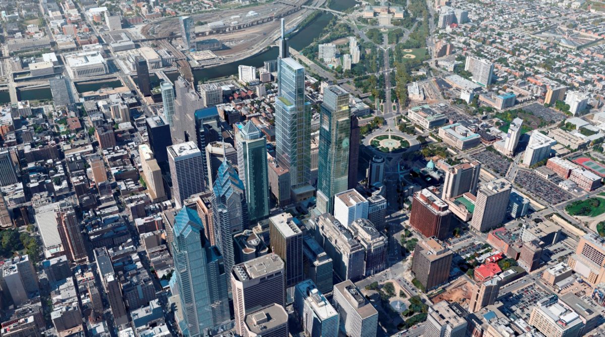 A rendering of Comcast’s Technology Center tower (center) which will house the company’s new entrepreneurial support program.