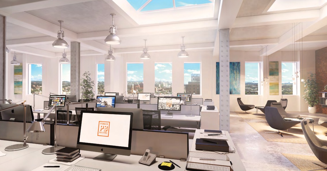 A rendering of the inside of Gimlet’s new offices at 41 Flatbush Ave.