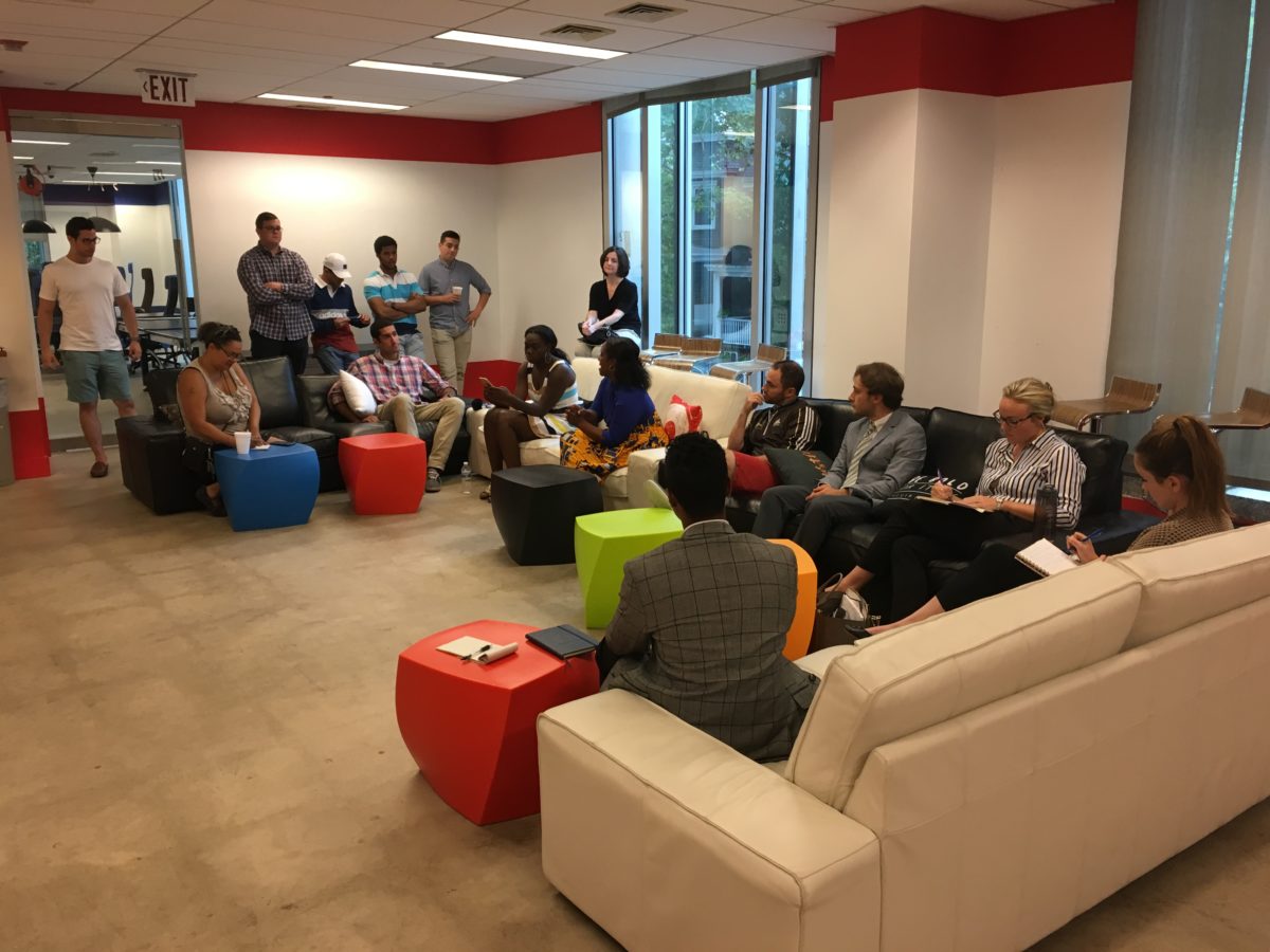 Technical.ly’s Holly Quinn (far left, seated) hears from startup founders, 2017.