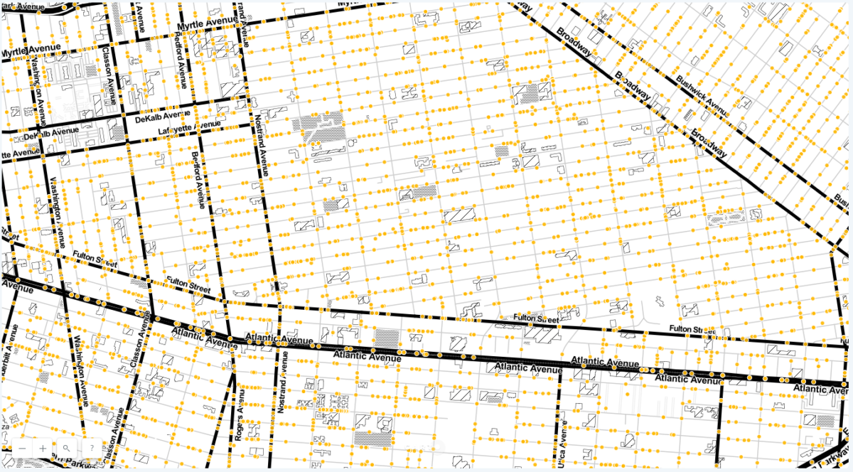 A map of 311 calls in Bed-Stuy, created by the reporter in an open data class.