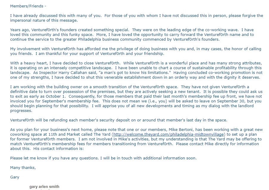An email sent to members by attorney Gary Smith, former executive director of Venturef0rth.