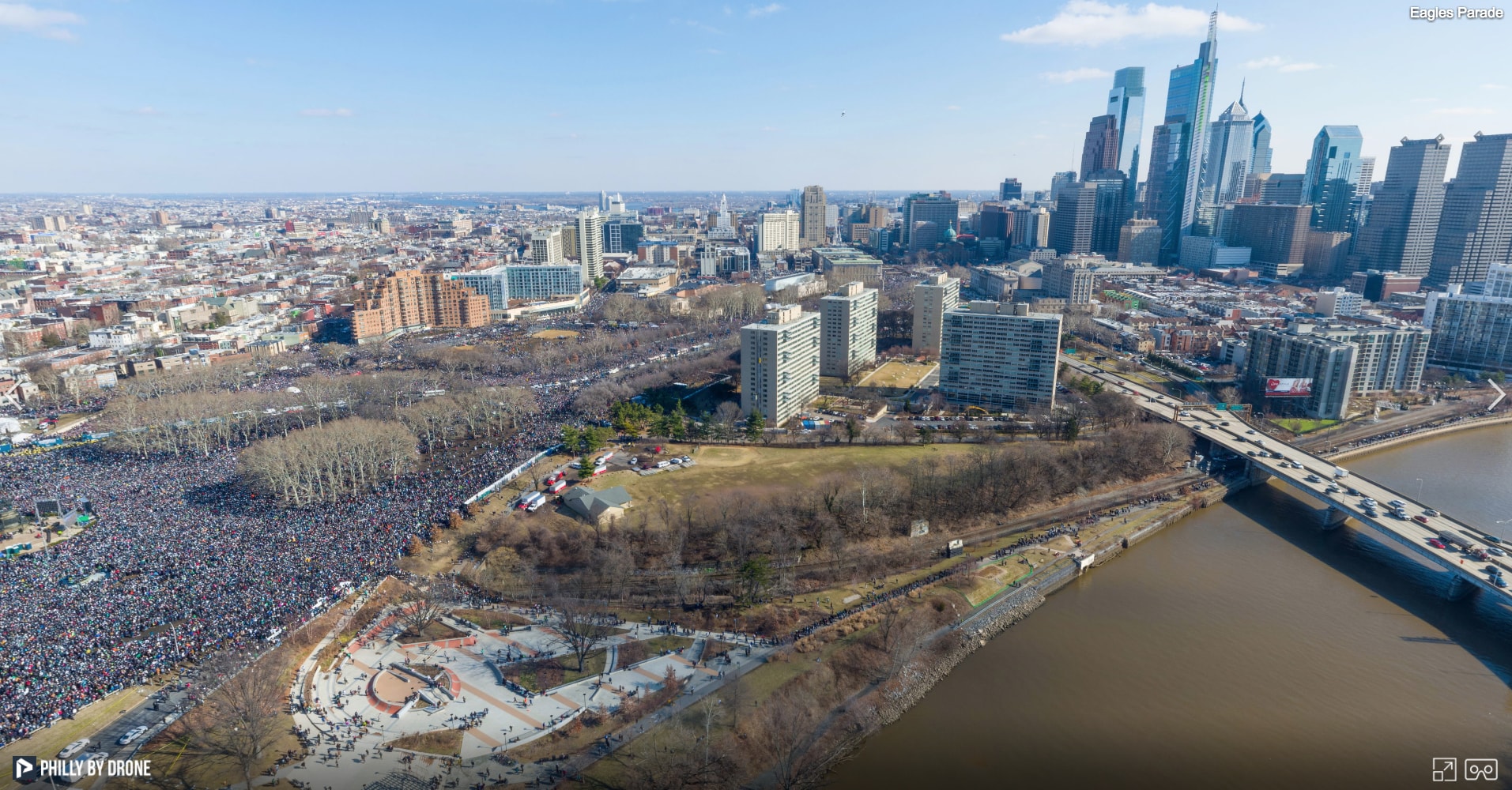 An aerial shot of Philadelphia, with the Schuylkill River and high-rise buildings as backdrop.